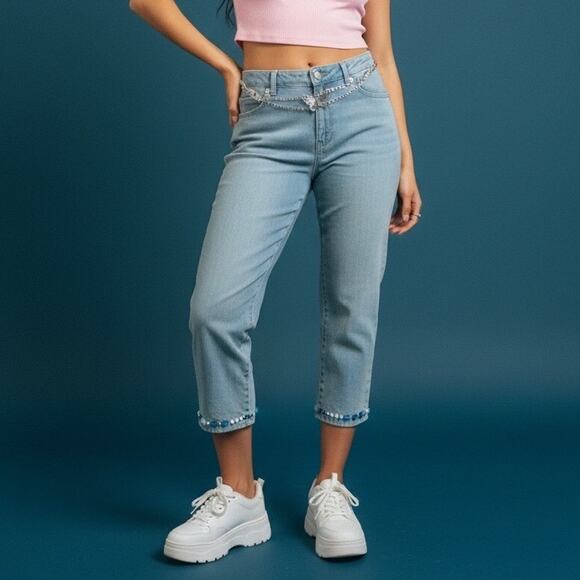 Ruby Rd. Pants - Ruby Rd. Capri Women's Beaded Hem Denim Pants Size 8 Blue Jeans Light Wash